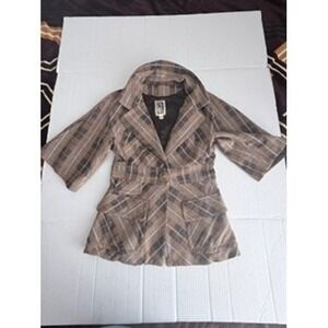 Tulle Brown Plaid Wool Blend 3/4 Bell Sleeve Button Front Peplum Jacket Womens M
